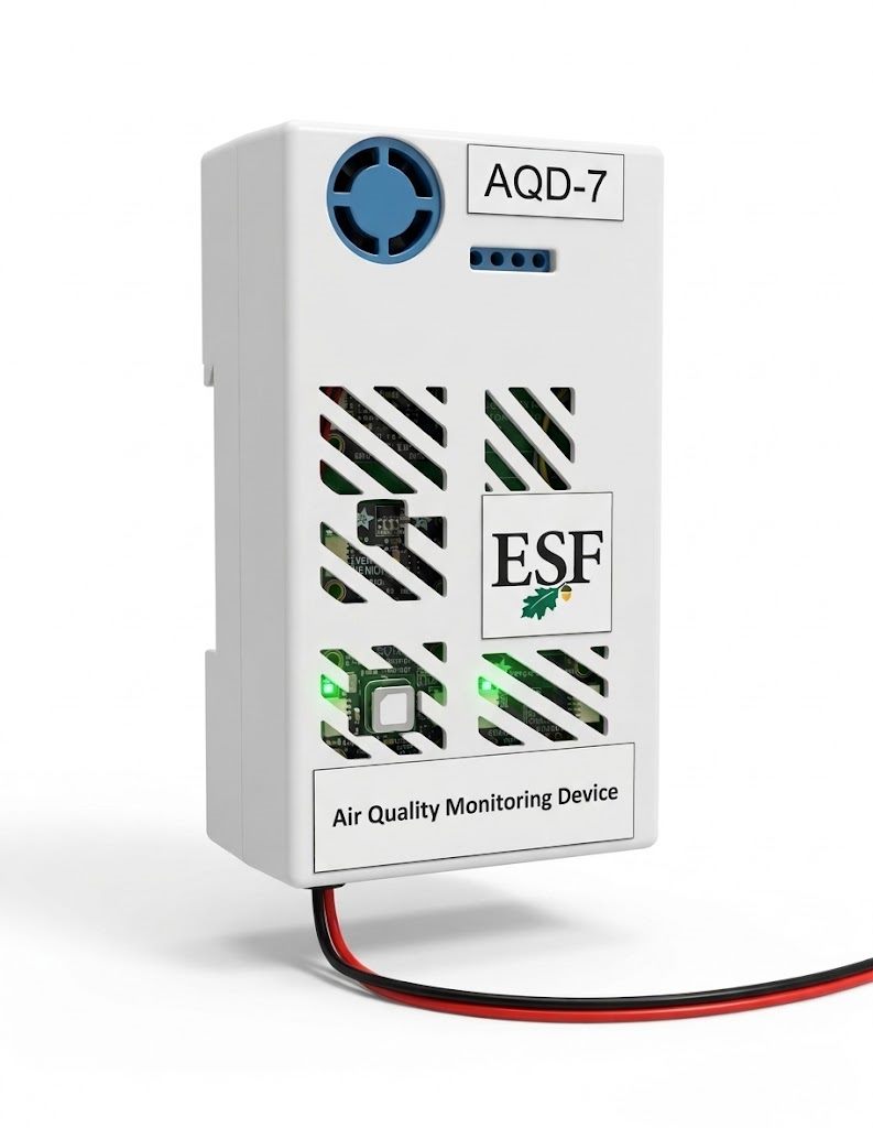 The AQD-7 air quality monitoring device, a white enclosure with intake fan and ventilation slots
