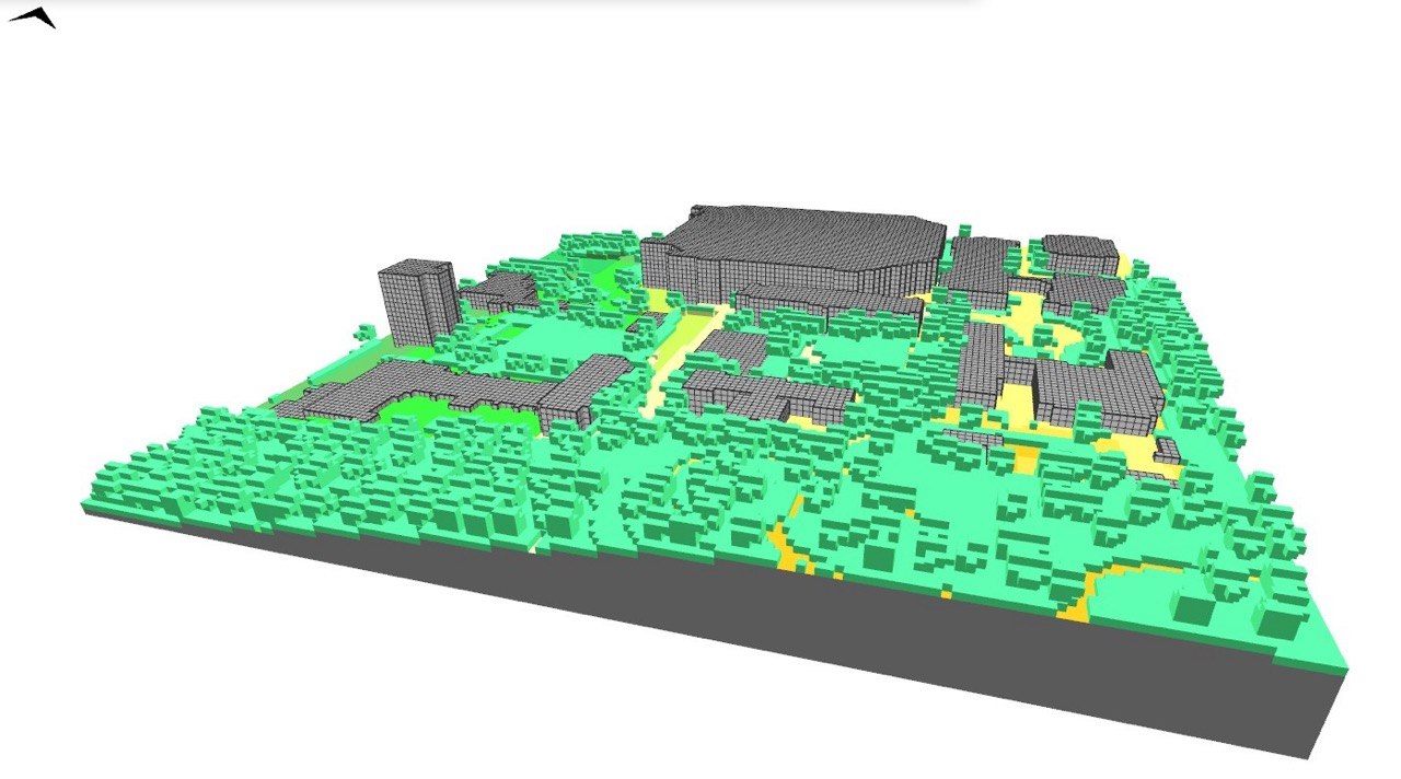 Three-dimensional ENVI-met model of the SUNY ESF campus showing buildings and vegetation