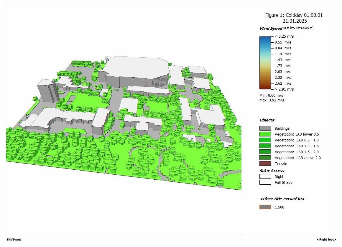 ENVI-met cold-day wind speed simulation across the SUNY ESF campus at 1.5 metres