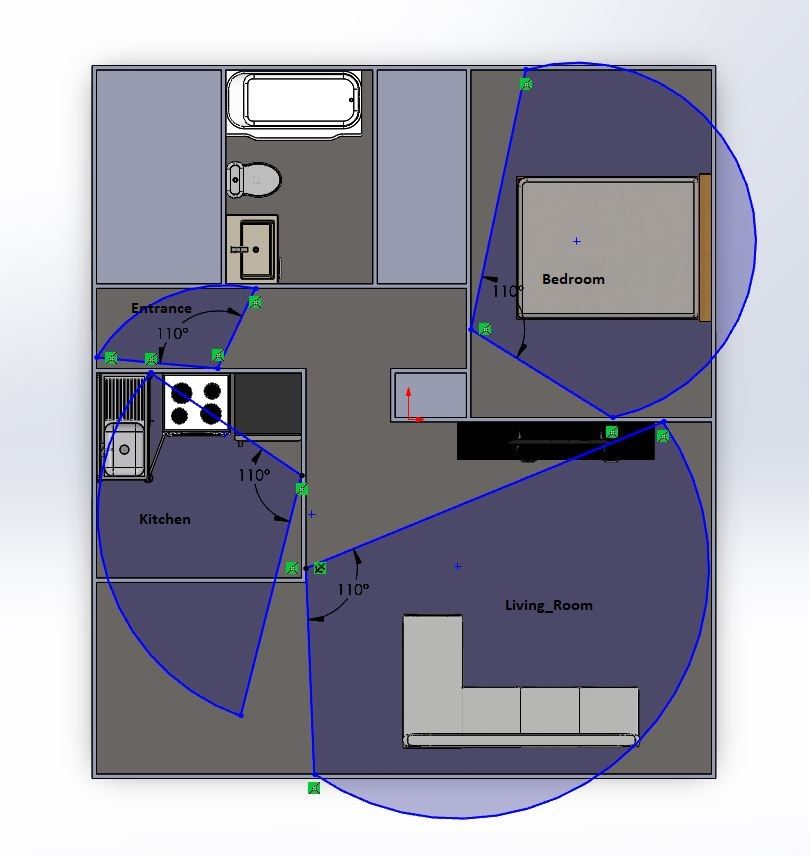 Apartment floor plan showing four PIR sensors and their 110-degree detection cones