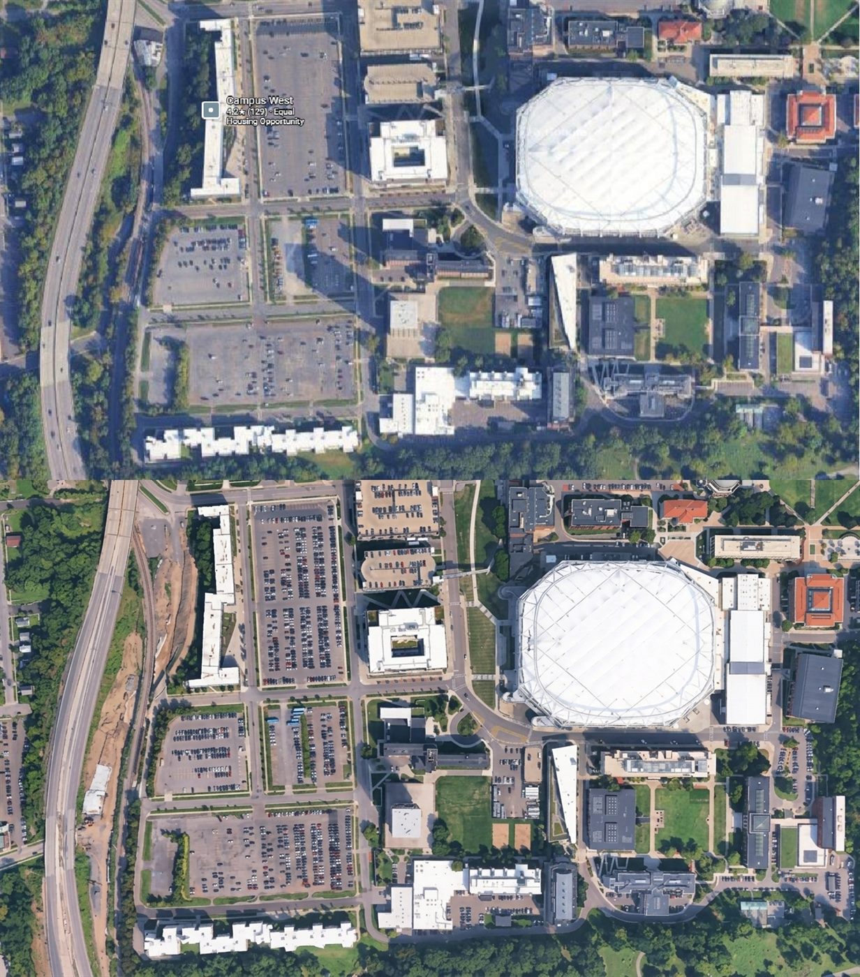 Aerial imagery of the I-81 corridor beside the SUNY ESF campus, comparing parking and green space